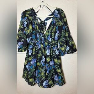 Free People Black Floral Babydoll Mini Dress Balloon Sleeves Flowy Size Small